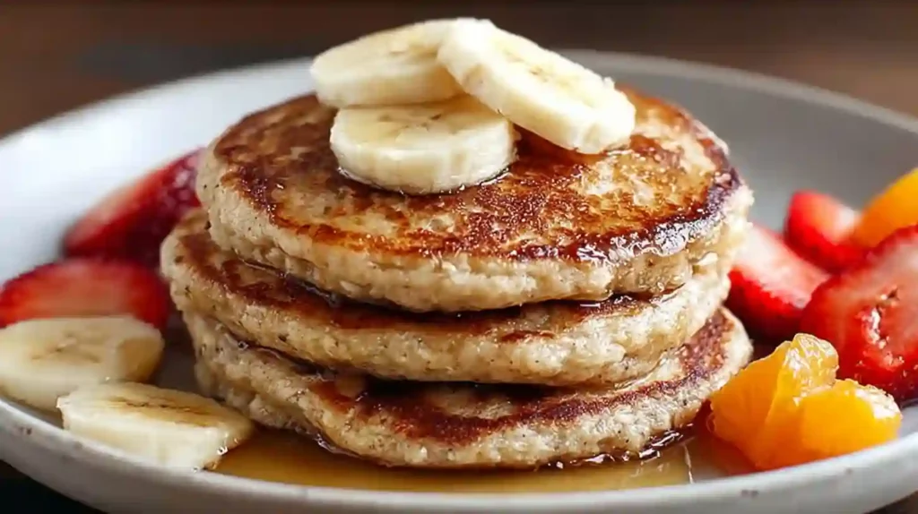 Close-up stack of banana oatmeal pancakes topped with banana slices, syrup, and strawberries