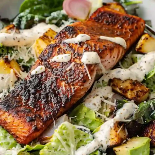 Cozy Blackened Salmon Caesar Salad – A Quick, Nourishing Dinner For Any Night 3 Close-up of blackened salmon served over Caesar salad with avocado, parmesan shavings, and creamy dressing