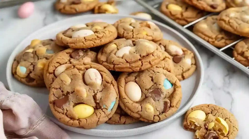 Soft Cadbury egg cookies with pastel chocolate candies on a plate