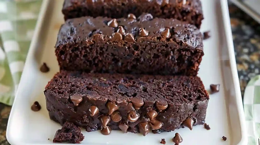 Moist chocolate zucchini bread slices on a wooden board with crumbs and chocolate chips