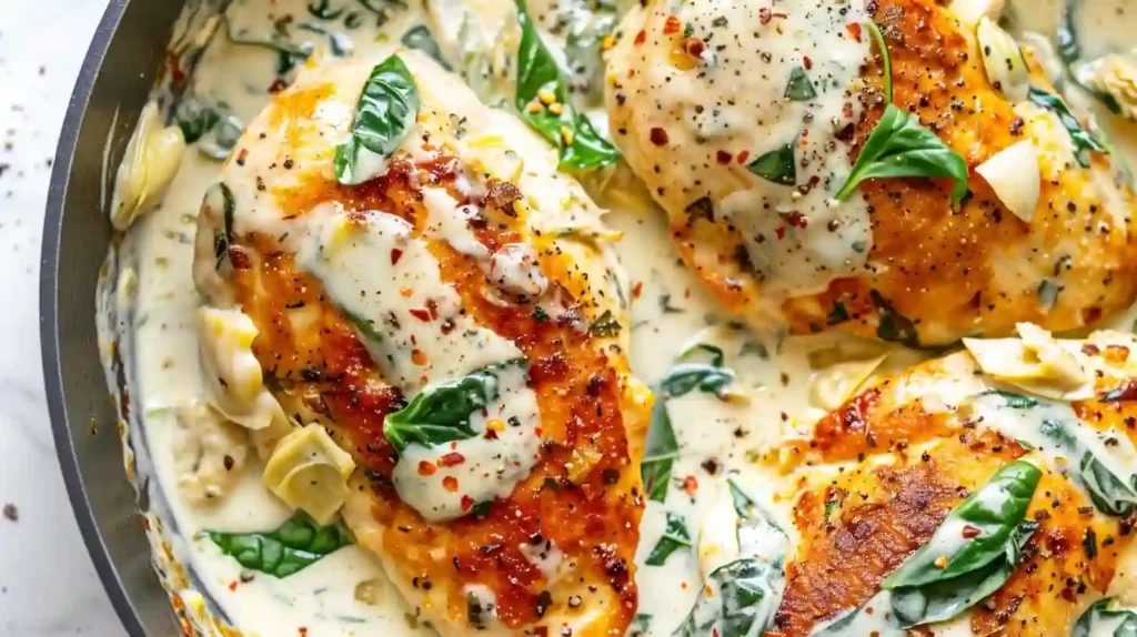 Creamy spinach artichoke chicken in skillet with melted cheese and seared chicken