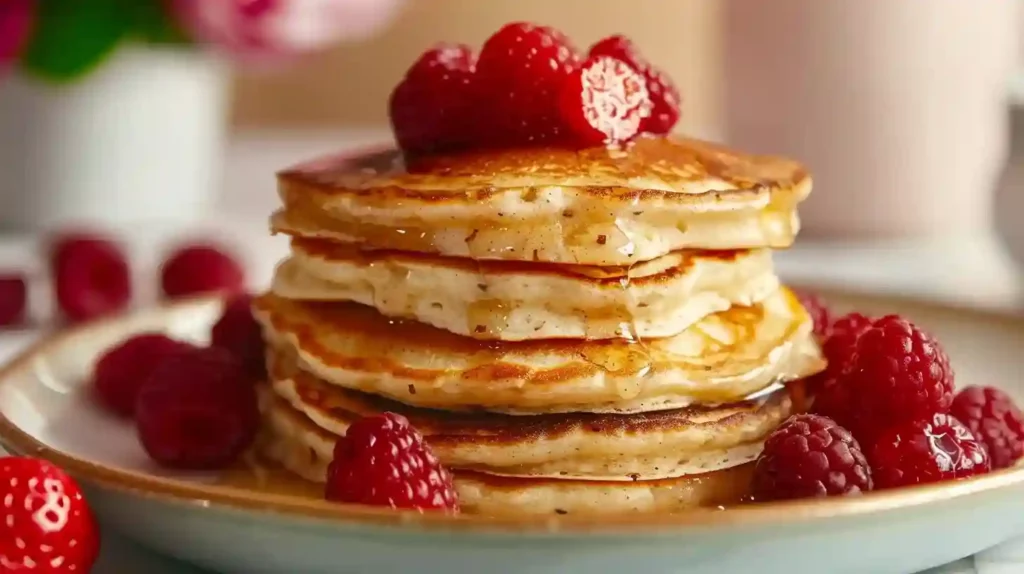 Stack of flourless protein pancakes topped with raspberries and yogurt