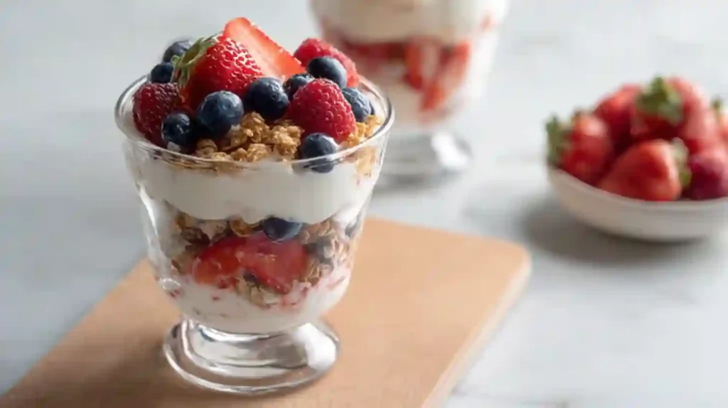 Greek yogurt parfait layered with strawberries, blueberries, and granola in a glass cup