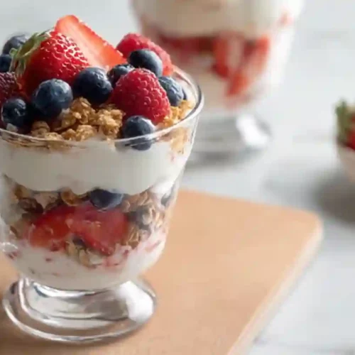 Greek yogurt parfait layered with strawberries, blueberries, and granola in a glass cup