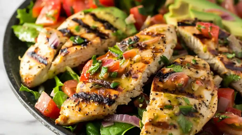 Grilled chicken avocado salad with tomatoes and herbs on a dark plate