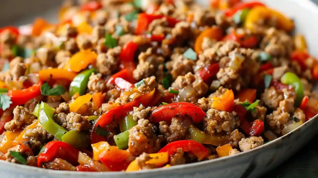 Ground turkey cooked with colorful bell peppers and onions in a skillet