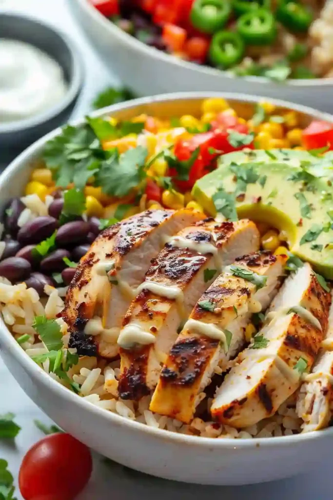 Cozy & Healthy Chicken Burrito Bowl for Easy Comfort Food Nights 2 Close-up healthy chicken burrito bowl with grilled chicken and fresh toppings