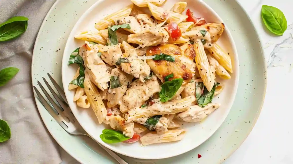 Creamy Tuscan chicken pasta with penne, basil, and chili flakes in a bowl