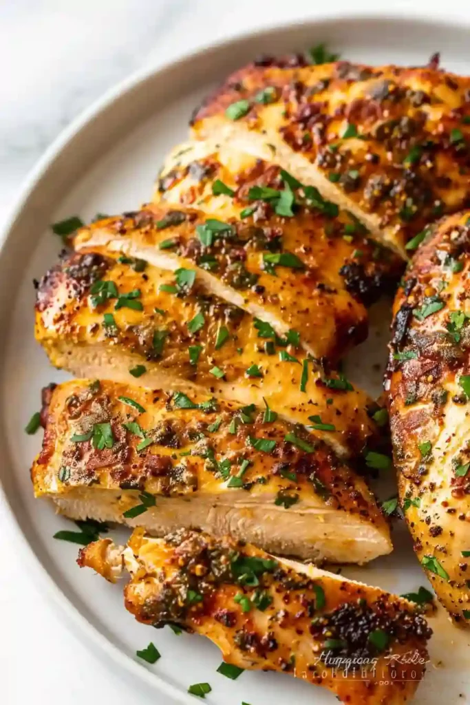 Juicy Air Fryer Chicken Breasts for a Cozy, Quick Dinner 2 Close-up vertical view of sliced air fryer chicken breast with crispy herb coating