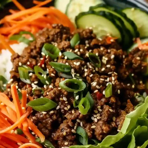 Korean ground beef bulgogi served with cucumber ribbons, shredded carrots, and rice in a dark bowl