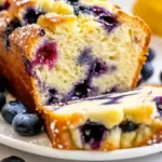 Close-up of sliced lemon blueberry loaf with juicy blueberries and moist texture