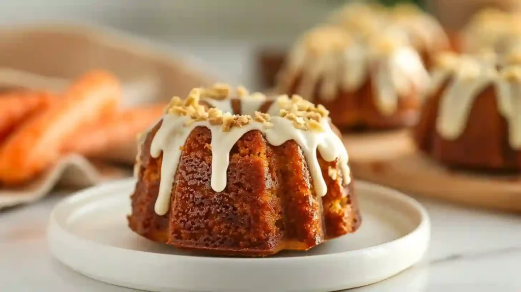Close-up of mini carrot bundt cake with cream cheese glaze on a white plate