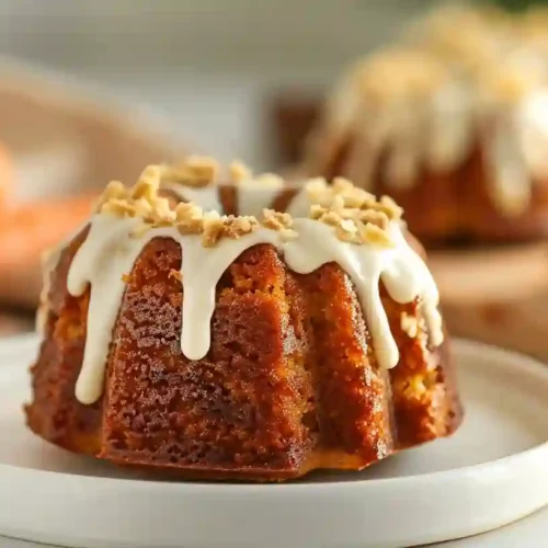 Cozy Mini Carrot Bundt Cakes with Creamy Frosting – A Comforting, Easy Treat 3 Close-up of mini carrot bundt cake with cream cheese glaze on a white plate