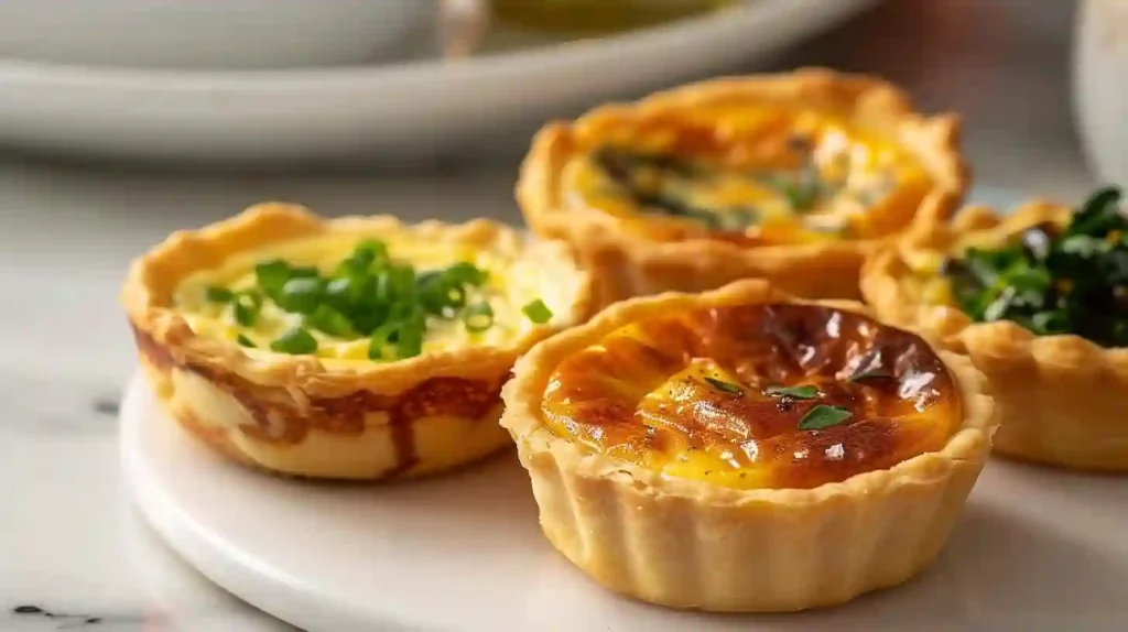 hree golden mini quiches with spinach and tomato filling on a neutral kitchen surface