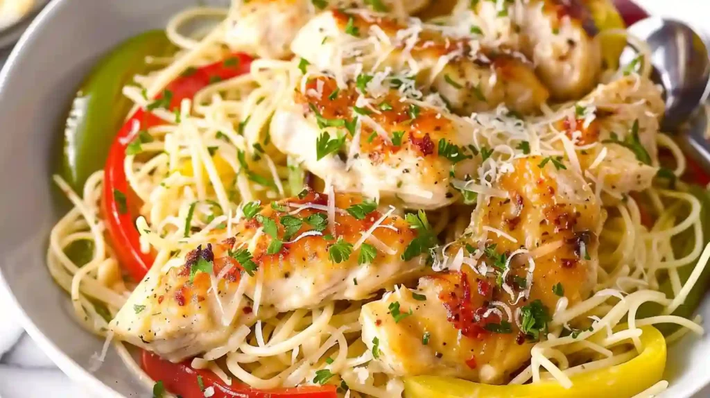 Chicken scampi pasta with bell peppers and angel hair pasta in a gray bowl