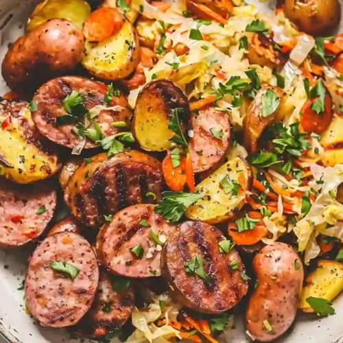 Close-up of cabbage, potatoes, and sausage skillet dish with herbs