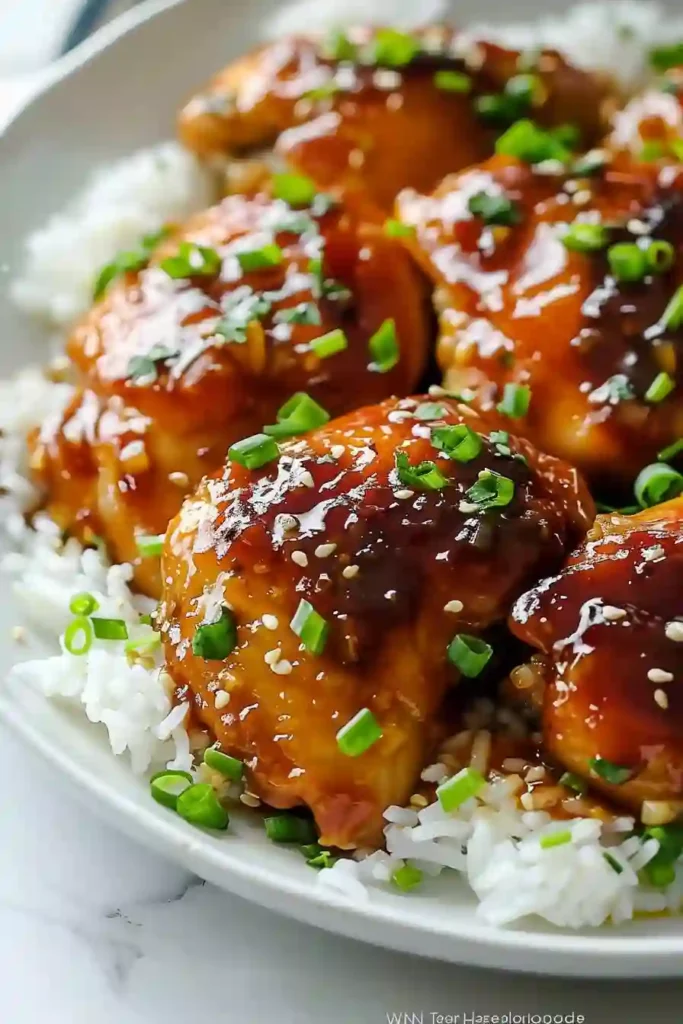 Cozy Slow Cooker Honey Garlic Chicken for Effortless Family Dinners 2 Honey garlic chicken thighs with sticky glaze and sesame seeds over rice