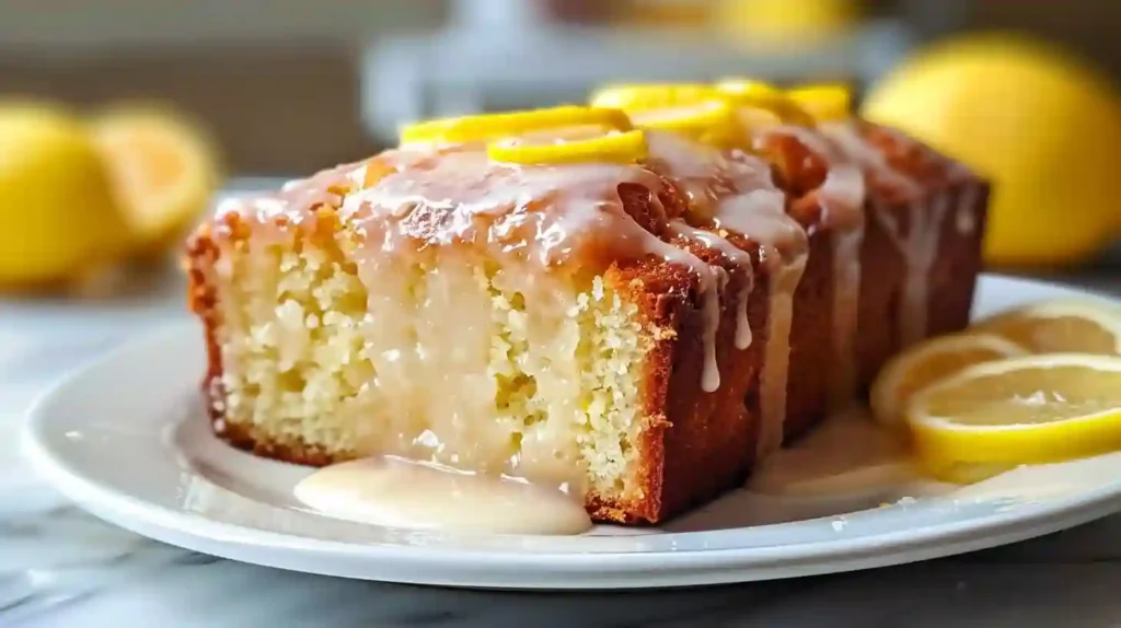 Moist lemon loaf with white glaze and lemon slices on top