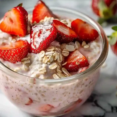 Strawberry overnight oats topped with whipped cream and fresh strawberry slices in a glass jar