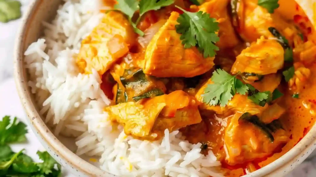 Thai red curry chicken served with white rice in a beige bowl on marble surface