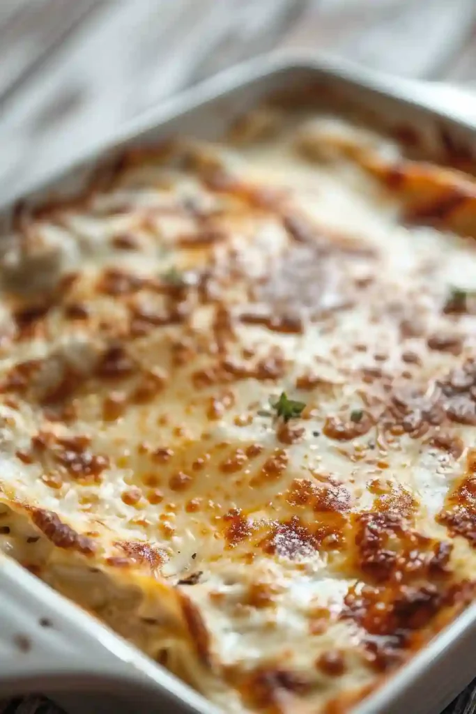 Golden baked Chicken Alfredo Lasagna with bubbly melted cheese fresh from oven