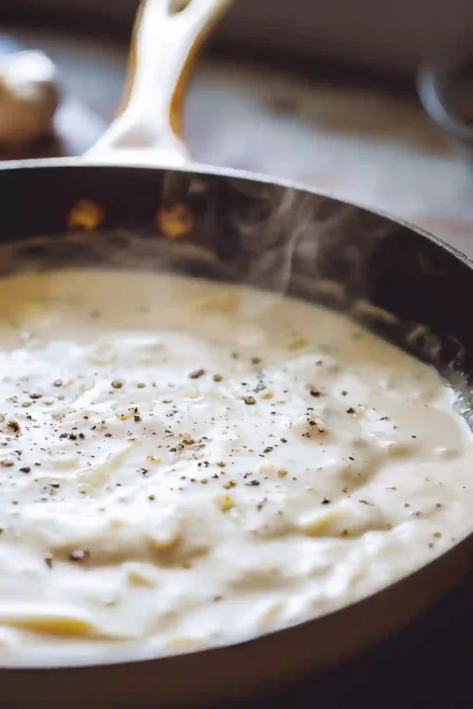 Thick creamy Alfredo sauce with garlic and parmesan cooking in skillet