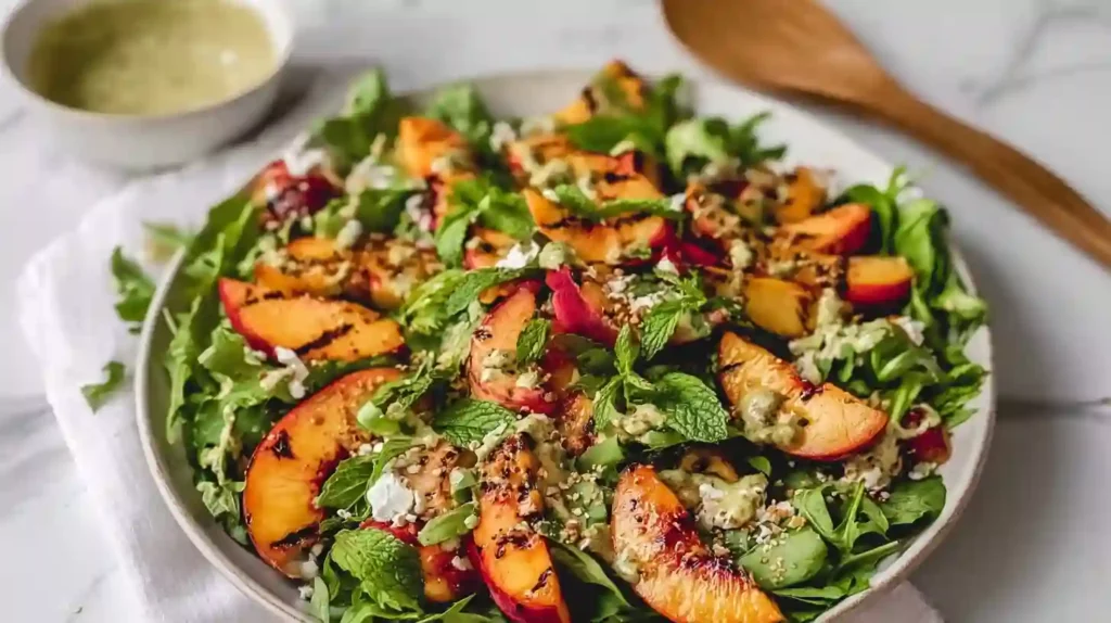 Irresistible Summer Grilled Peach Salad with Creamy Goat Cheese & Basil Vinaigrette