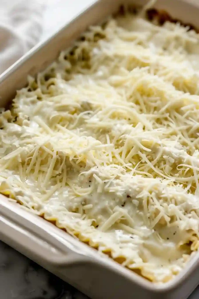 Creamy Chicken Alfredo Lasagna layers being assembled in baking dish with noodles and cheese