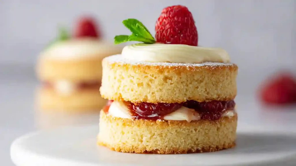 Mini Victoria sponge cakes filled with jam and topped with raspberries and cream