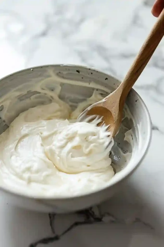 Dairy-free yogurt coconut cream and oil mixed into smooth vegan tiramisu base
