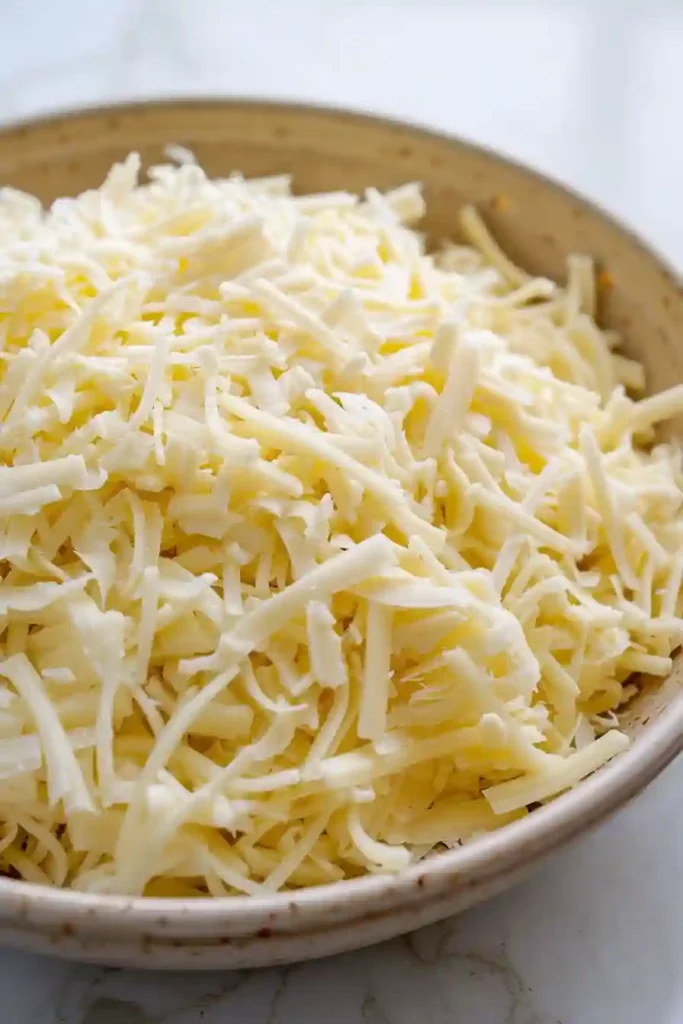 Mozzarella and parmesan cheese mixture prepared for Chicken Alfredo Lasagna topping