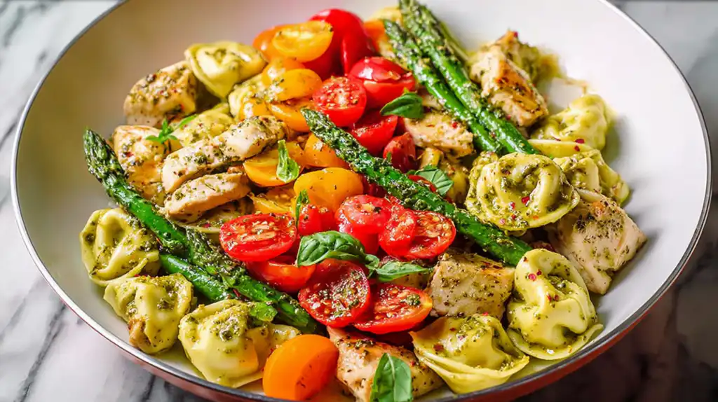 Creamy Pesto Chicken Tortellini with Fresh Veggies (Ready in 30!)