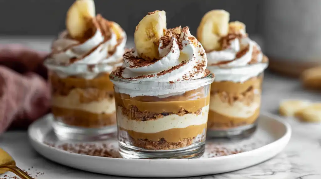 Creamy homemade banoffee cups layered with whipped cream, dulce de leche, biscuit crumbs, and chocolate shavings in a glass dessert cup.