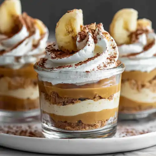 Creamy homemade banoffee cups layered with whipped cream, dulce de leche, biscuit crumbs, and chocolate shavings in a glass dessert cup.
