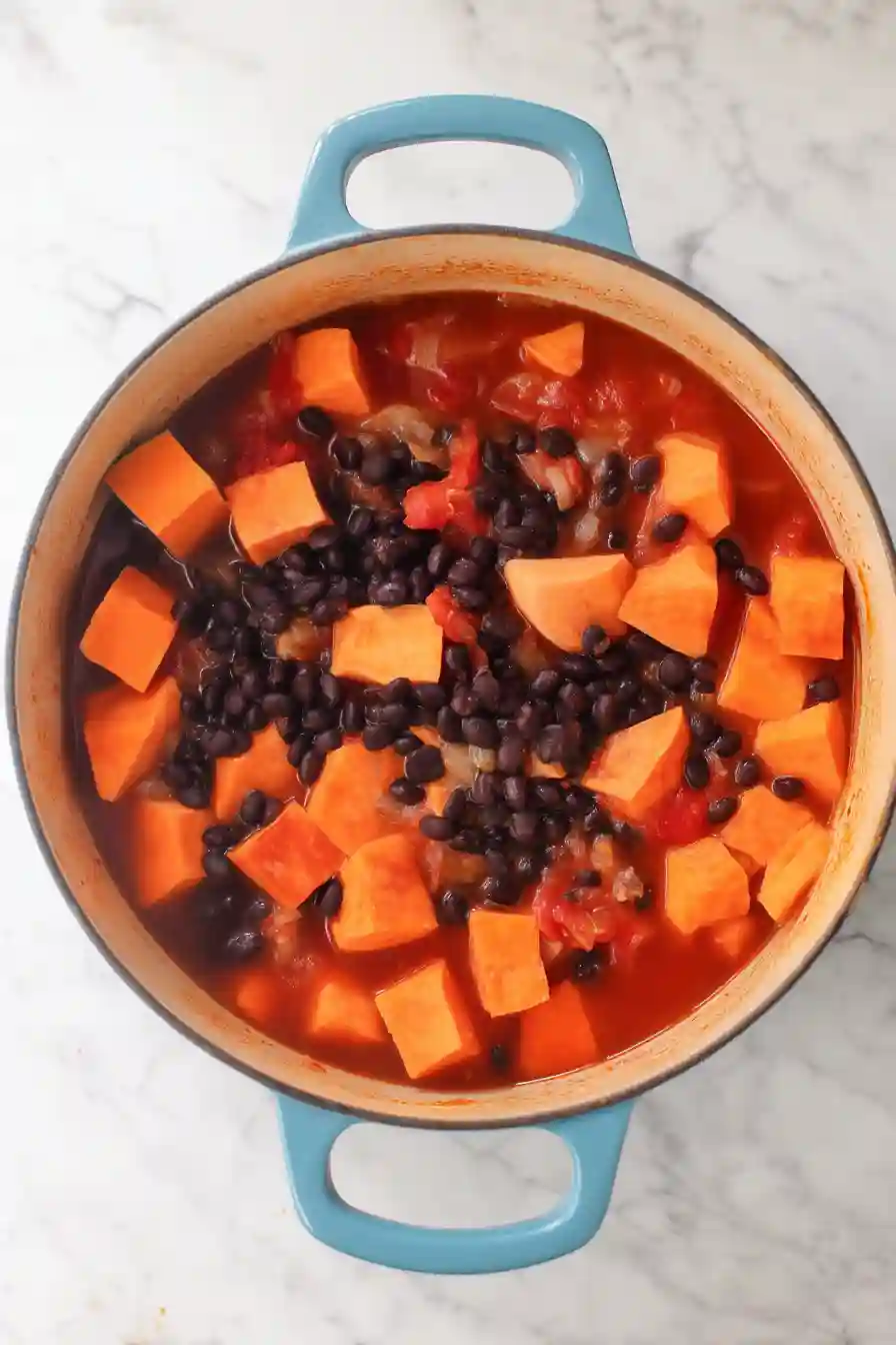 Sweet Potato Black Bean Chili 5 Adding the Sweet Potatoes Beans and Tomatoes