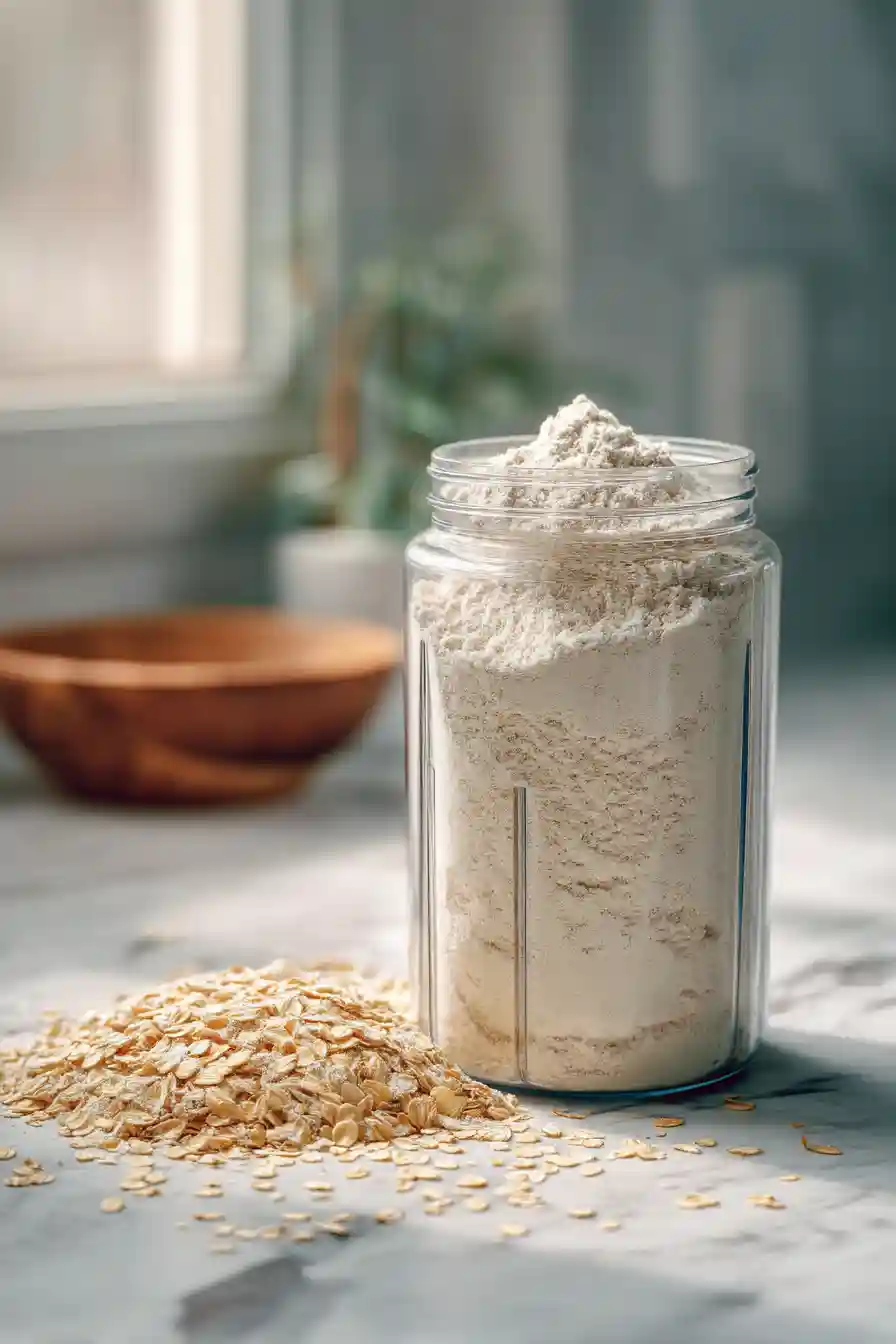High-Protein Pumpkin Oatmeal Muffins 4 Rolled oats blended into fine oat flour inside a high-speed blender on a white marble countertop.