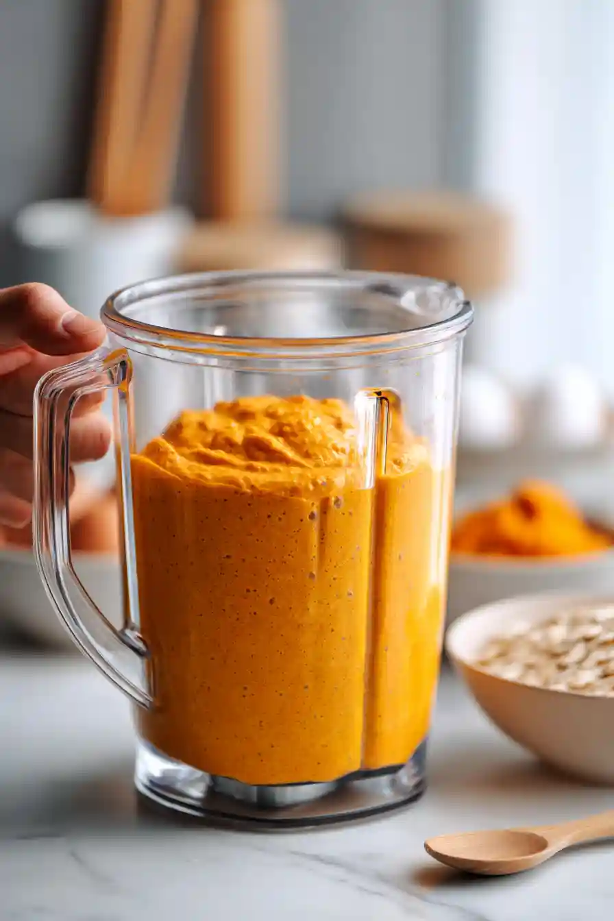 High-Protein Pumpkin Oatmeal Muffins 5 Smooth pumpkin muffin batter blended in a high-speed blender with a thick, creamy texture.