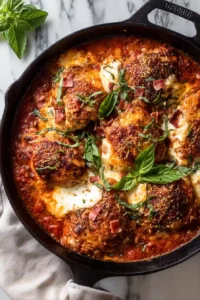 Skillet Chicken With Tomatoes, Pancetta and Mozzarella 15 Finished skillet chicken topped with melted mozzarella, crispy pancetta, and fresh basil.