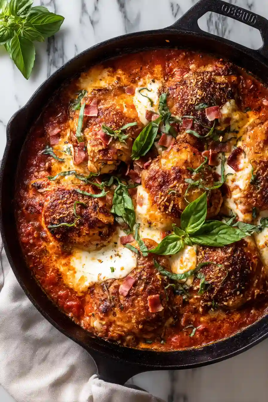 Skillet Chicken With Tomatoes, Pancetta and Mozzarella 8 Finished skillet chicken topped with melted mozzarella, crispy pancetta, and fresh basil.