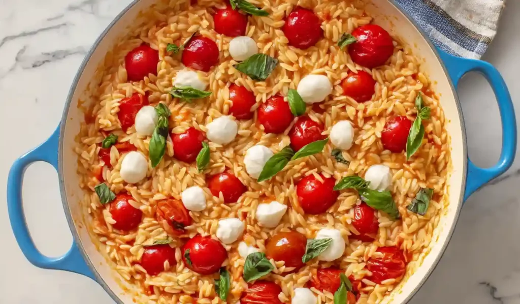 Creamy tomato caprese orzo with mozzarella pearls, basil, and cherry tomatoes