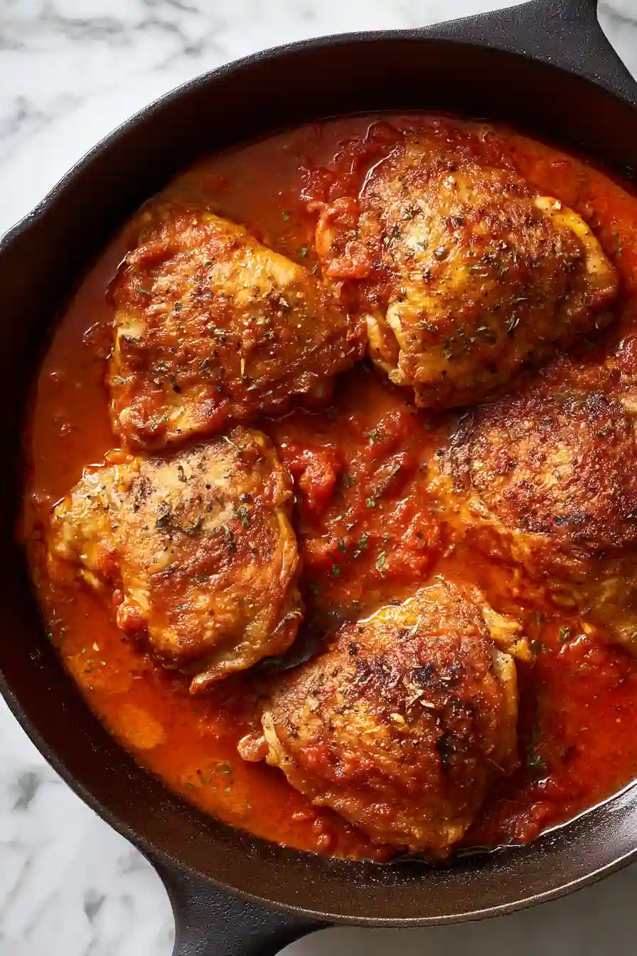 Skillet Chicken With Tomatoes, Pancetta and Mozzarella 7 Chicken Nestled in Tomato Sauce Before Baking