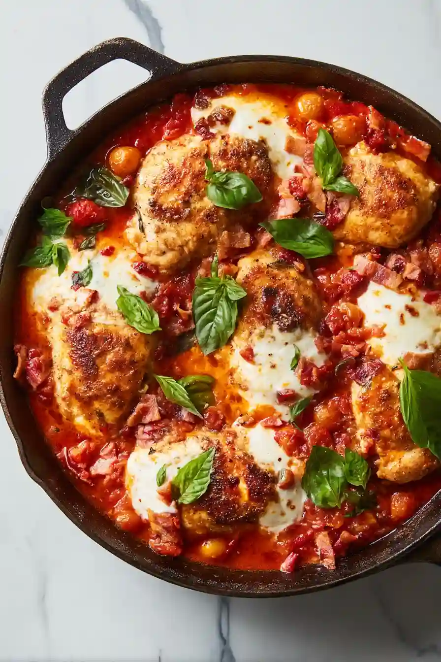 Skillet Chicken With Tomatoes, Pancetta and Mozzarella 2 Diced pancetta sizzling in olive oil inside a cast-iron skillet until golden and crisp