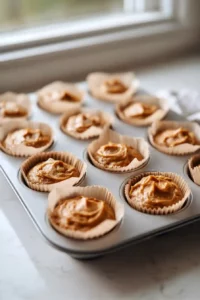 High-Protein Pumpkin Oatmeal Muffins 12 Muffin pan filled three-quarters full with thick pumpkin oatmeal batter before baking.