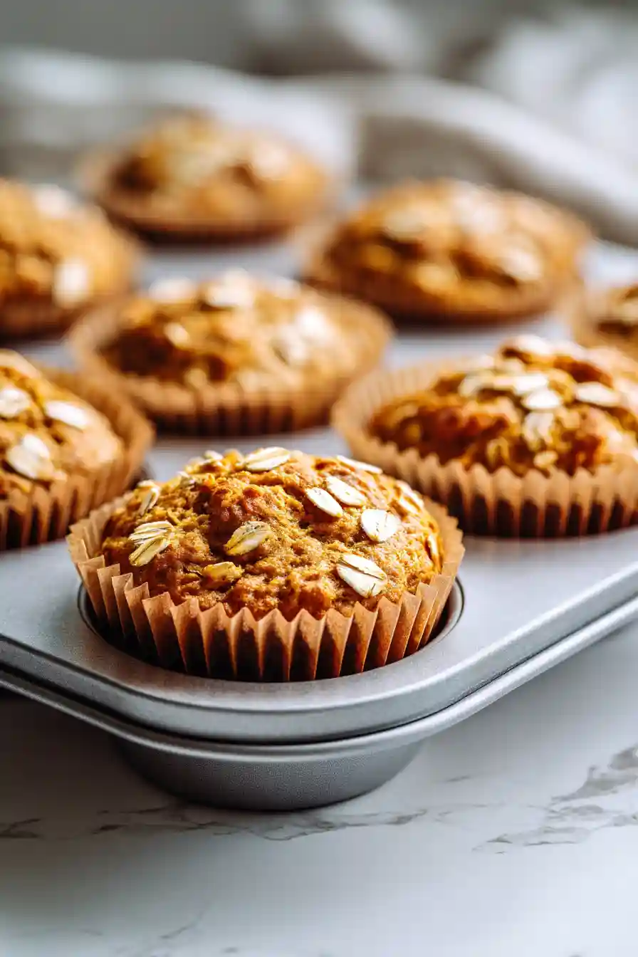 High-Protein Pumpkin Oatmeal Muffins 7 Freshly baked pumpkin oatmeal muffins cooling on a wire rack after baking.