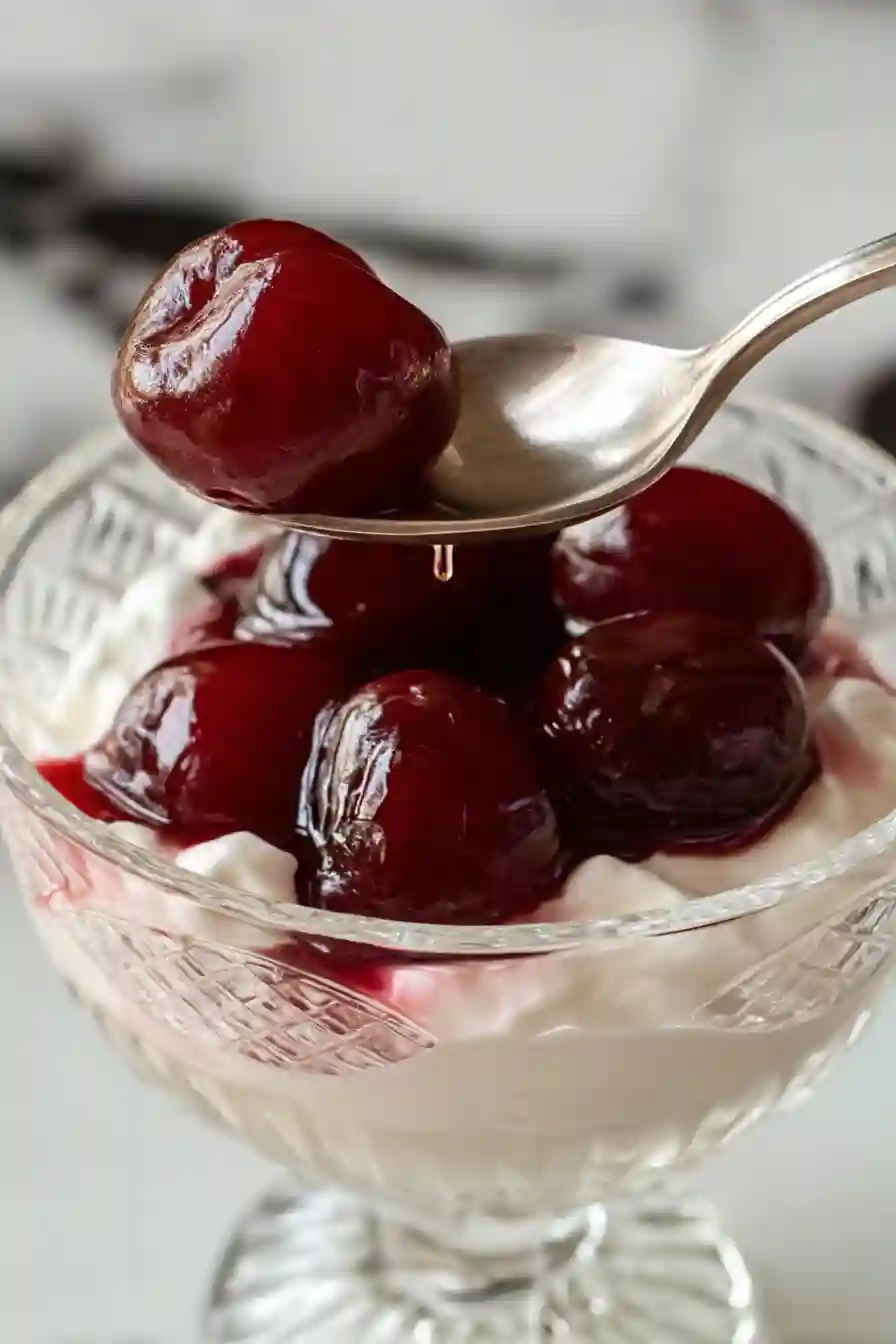 Greek Yogurt with Cherry Spoon Sweets 2 Vertical food photo of Greek yogurt topped with glossy cherry spoon sweets.