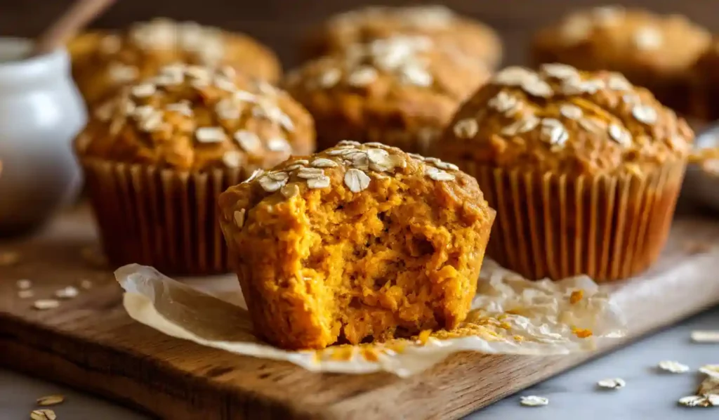 High-protein pumpkin oatmeal muffins on a wooden board with one muffin broken open.