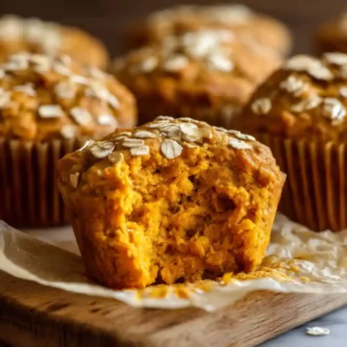 High-Protein Pumpkin Oatmeal Muffins 8 High-protein pumpkin oatmeal muffins on a wooden board with one muffin broken open.