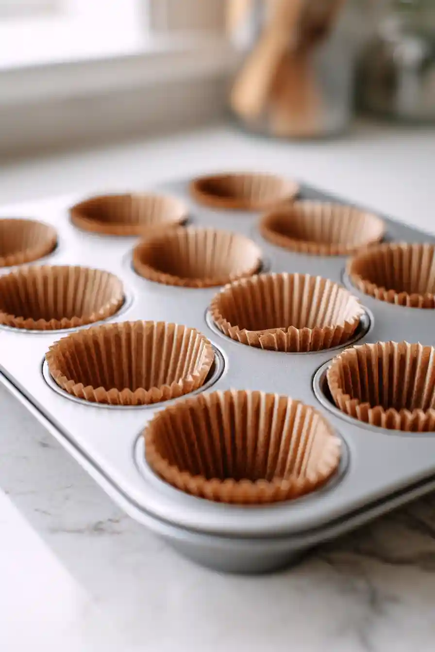 High-Protein Pumpkin Oatmeal Muffins 3 A 12-cup muffin pan lined with paper liners and lightly greased, ready for pumpkin oatmeal muffin batter on a white marble countertop.