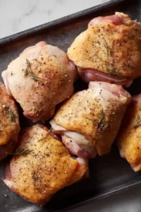 Skillet Chicken With Tomatoes, Pancetta and Mozzarella 10 Raw chicken thighs being seasoned with kosher salt and black pepper on a clean surface, ready for searing.