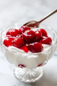Greek Yogurt with Cherry Spoon Sweets 15 Thick Greek yogurt topped with glossy cherry spoon sweets and cherry syrup in a decorative glass dessert bowl.